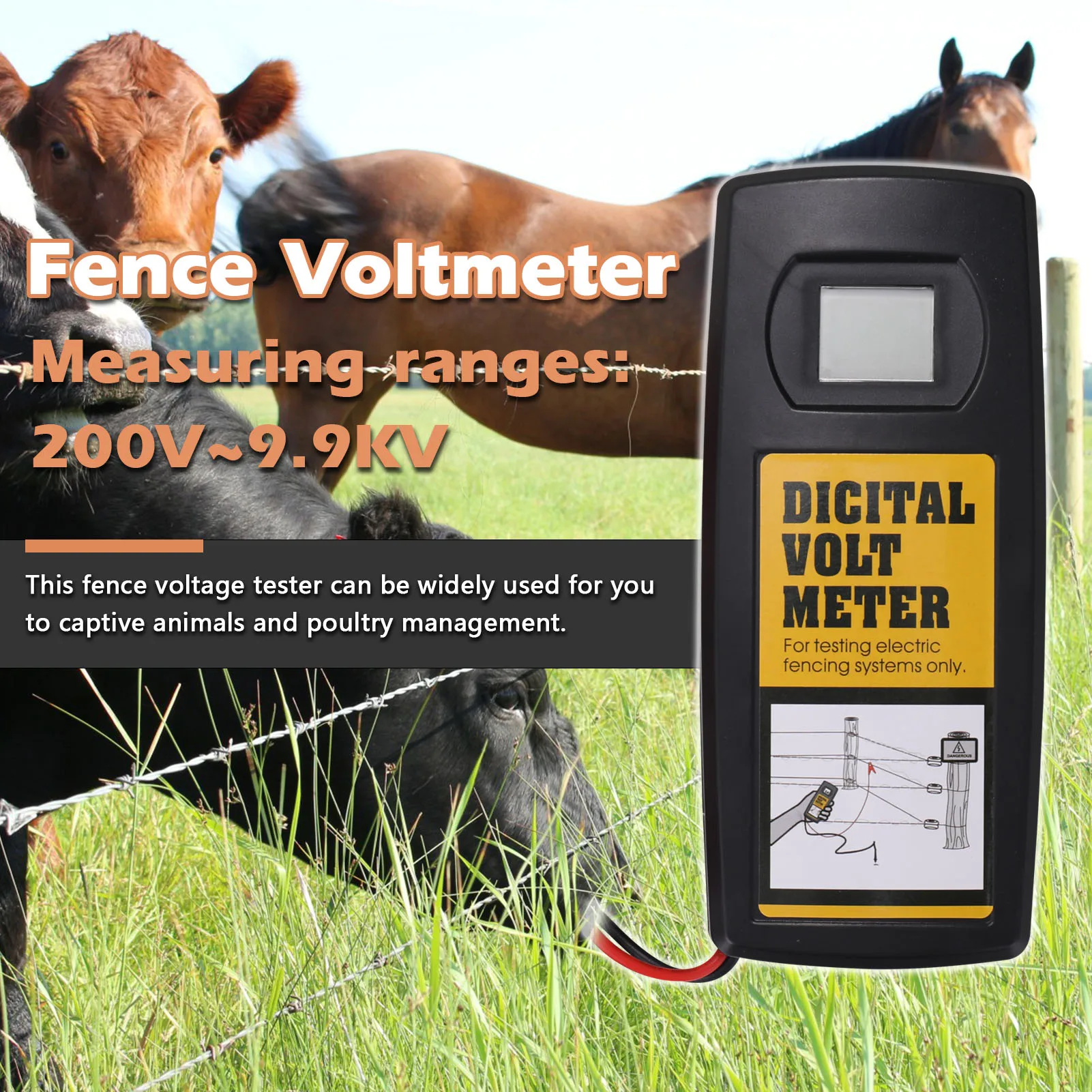9.9KV Digital Fence Tester Home Garden Horse Livestock Electric Fence Voltmeter LCD Display with Backlight Fence Voltage Monitor