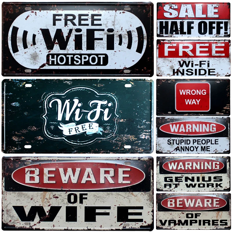 

Free WIFI Warning Signs Classic Shabby Metal Car Plate License Bar Pub Cafe Crafts Wall Plaques Decor Man Garage Signs