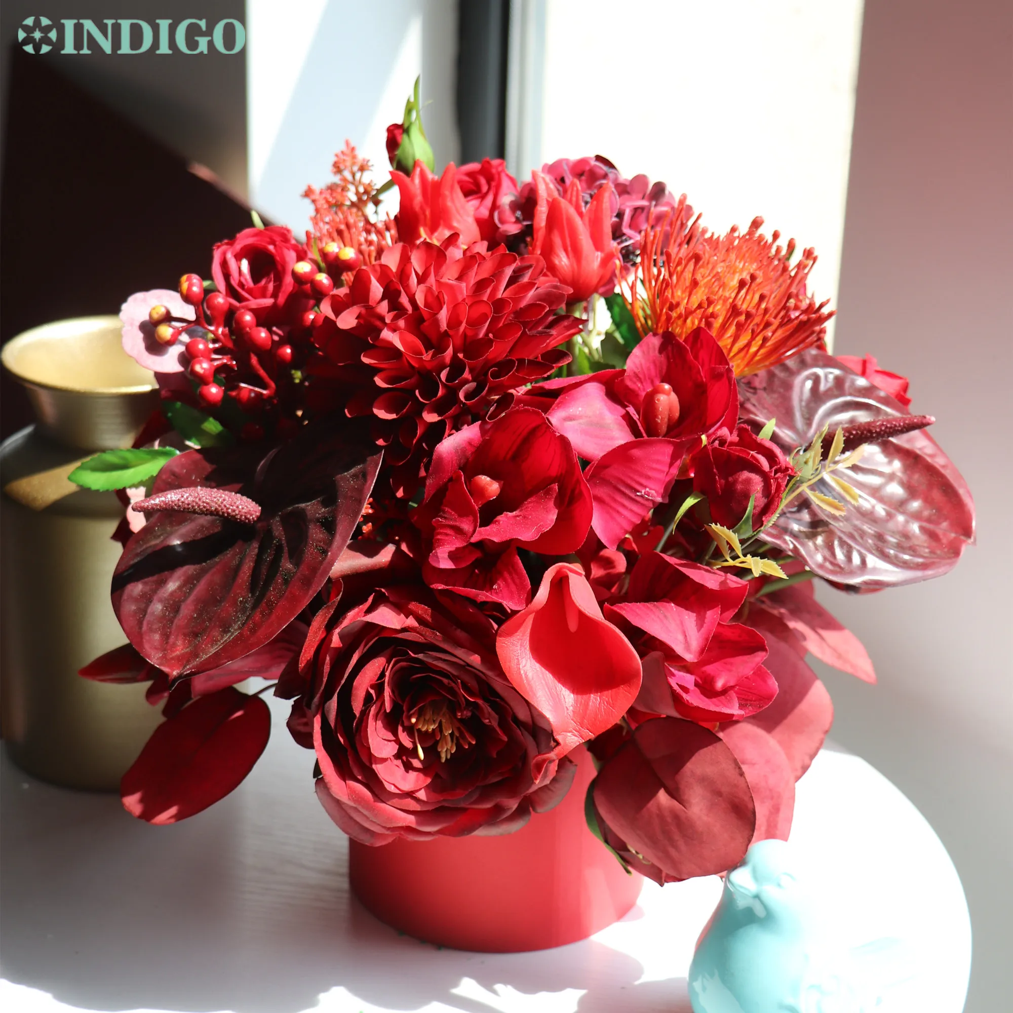 Red Rose Centerpiece (1 Set Bonsai With Carton Vase ) Tulip Customized Designed Table Luxury Flower Arrangment - INDIGO