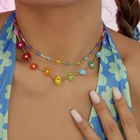 purui summer sweet colorful little daisy acrylic flowers bohemian beaded clavicle chain layered necklace for women girls jewelry