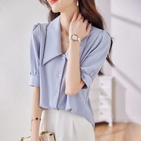 summer season thin shirts for women clothing korean fashion french fashion short sleeve blouses chiffon blue office ladies tops
