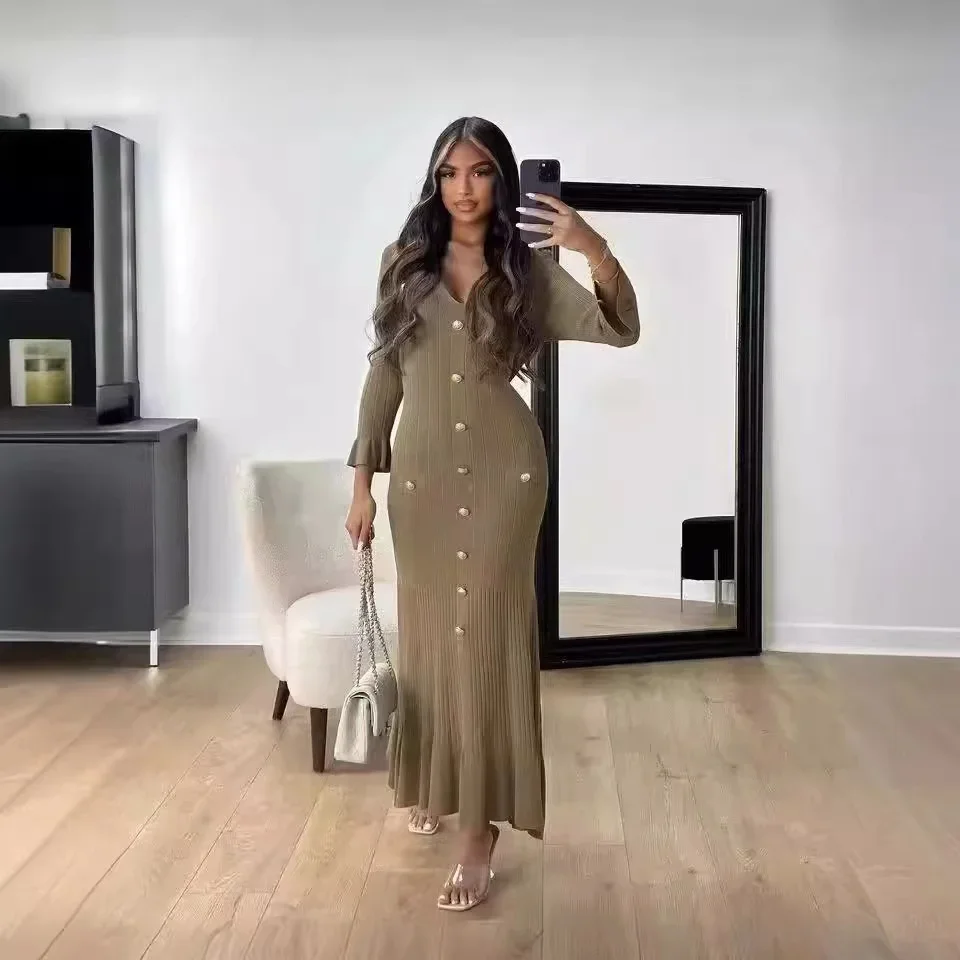 Женское однотонное трикотажное платье Элегантное Длинное однобортное с