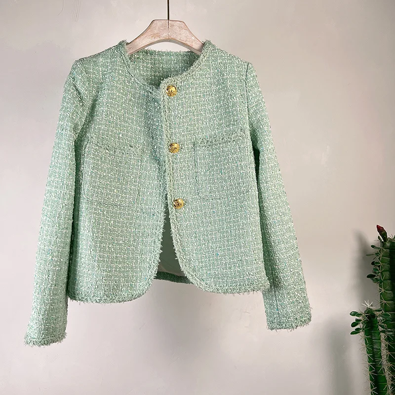 

Runway Spring French Small Fragrance Wool Tweed Women's Sweet Luxury Green White Plaid Jacket Coats Outerwear Female Casaco Top