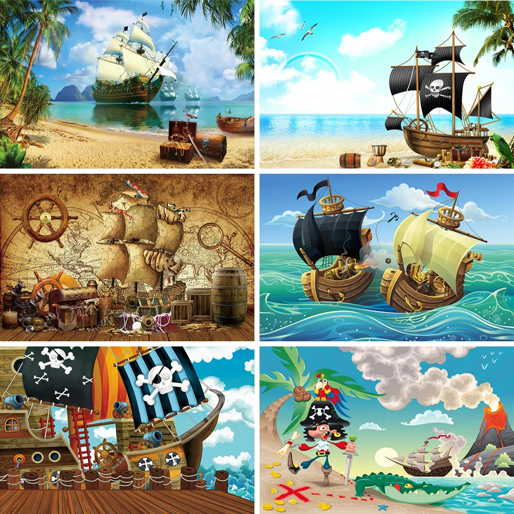 

Laeacco Pirate Ship Island Navigation Theme Birthday Party Photography Background Kids Child Portrait Customized Photo Backdrop