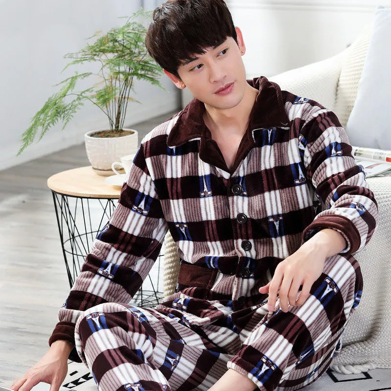 Warm Plaid Pajamas Set Man Thick Sleepwear For Men Soft Comfortable Pyjama Women's Flannel Fashion Homewear Clothes Plus Size