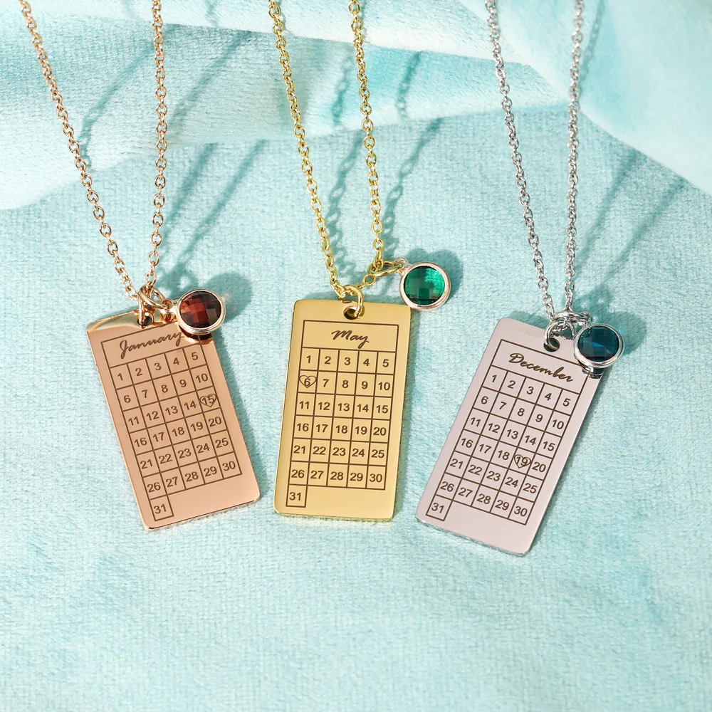 Personalized Engraved Calendar Date Pendant Necklaces with Birthstone Customized Women's Stainless Steel Necklace Wedding Gift