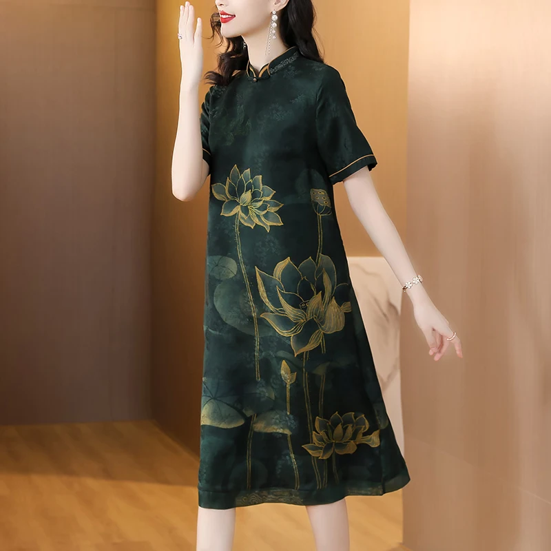 Новинка 2023 модное шелковое платье с принтом женское летнее универсальное