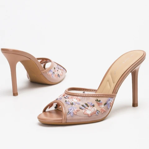 Сетчатые тапочки на высоком каблуке с вышивкой для женщин, с открытым носком, 2026, новые модные шлепанцы, праздничное платье, элегантные дизайнерские сандалии, туфли-лодочки