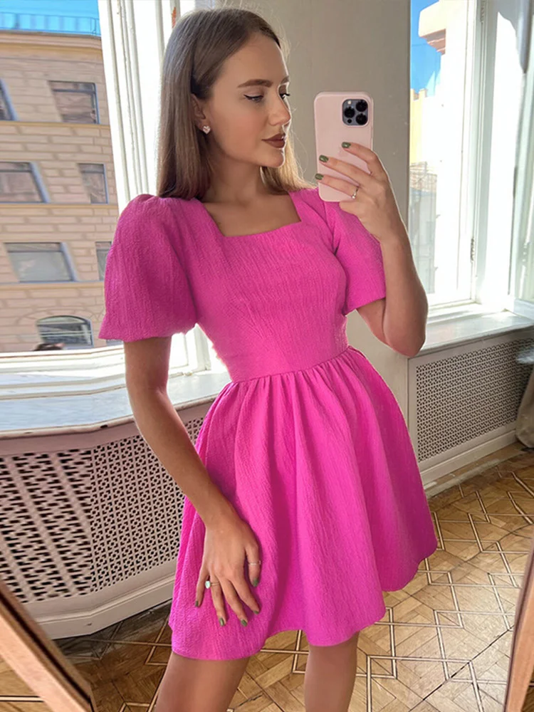 

Elegant A Line Pleated Dress Women Elegant Puff Sleeve Squar Neck Mini Dresses 2022 Casaul Office Ladies Short Sundress Robe