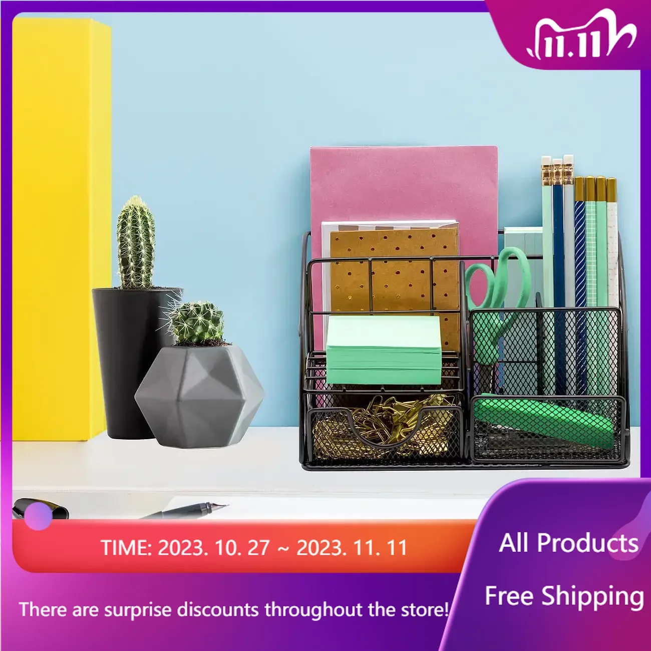 

Mesh Desk Caddy with 5 Compartments and 1 Drawer - Black Drawer Organizer Storage Organizer Fast Transportation