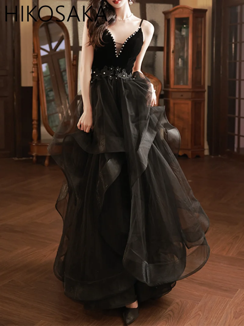 

Black Evening Dress New French Summer Spring Temperament Host Beading Pearls V-Neck Clothing Birthday Party Strap Wedding Dress