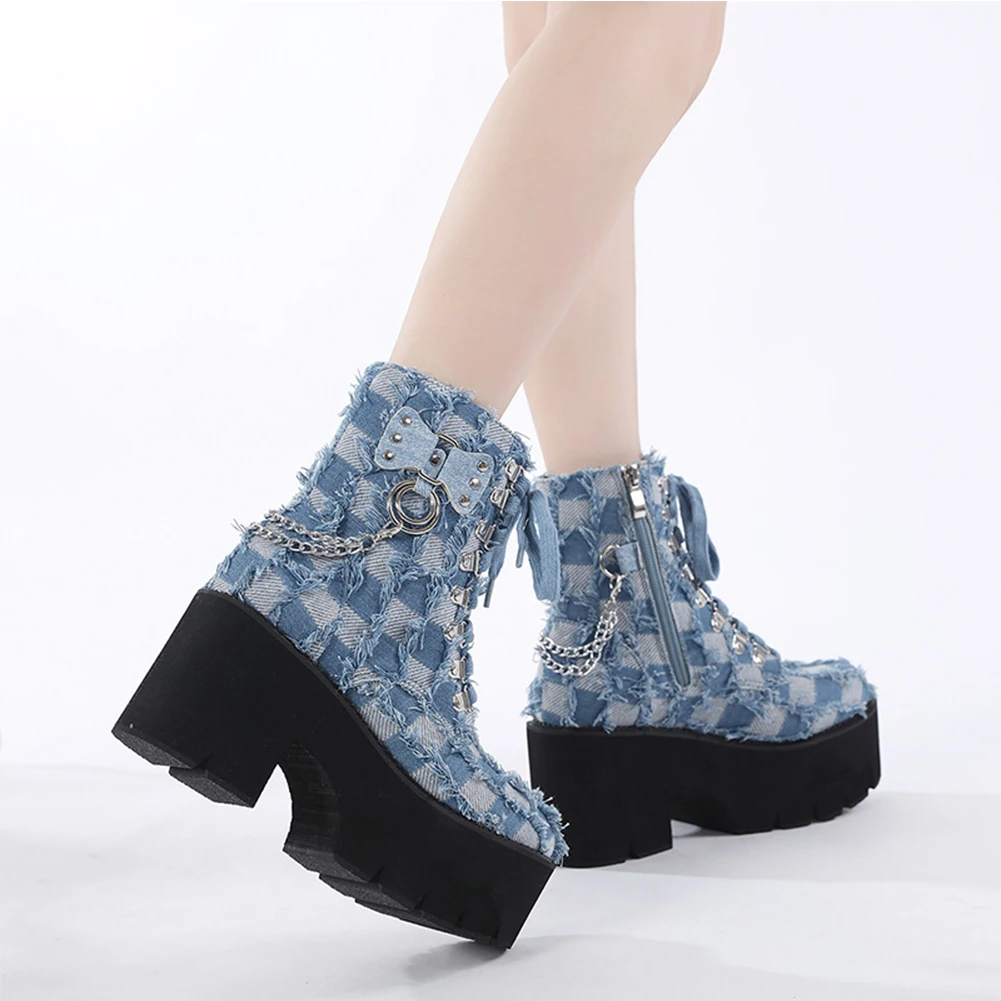 

GIGIFOX High Heeled Platform Ankle Boots For Women Wedges Motorcycle Thick Bottom Chain Denim Plaid Zip Gothic Punk Lady Booties