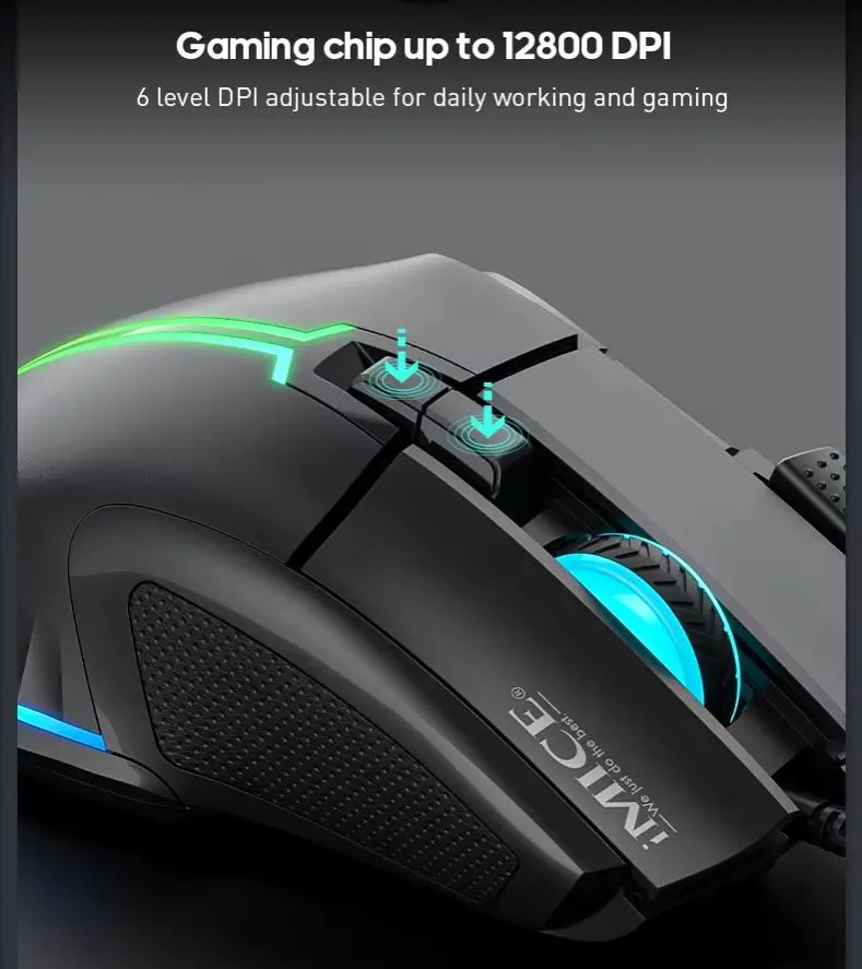 Фото Игровая проводная мышь IMICE T50 с разрешением 12800 DPI, программируемой RGB-подсветкой, эргономичным дизайном, оптическая, для ПК и ноутбуков. №3