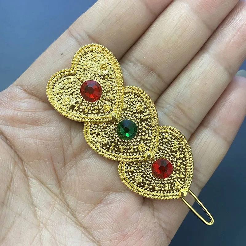 Stone Heart Ethiopian Hairpin Gold Africa Girl Party Gift Dubai Pin Habasha Hair Sticks Pieces Bridal Jewelry