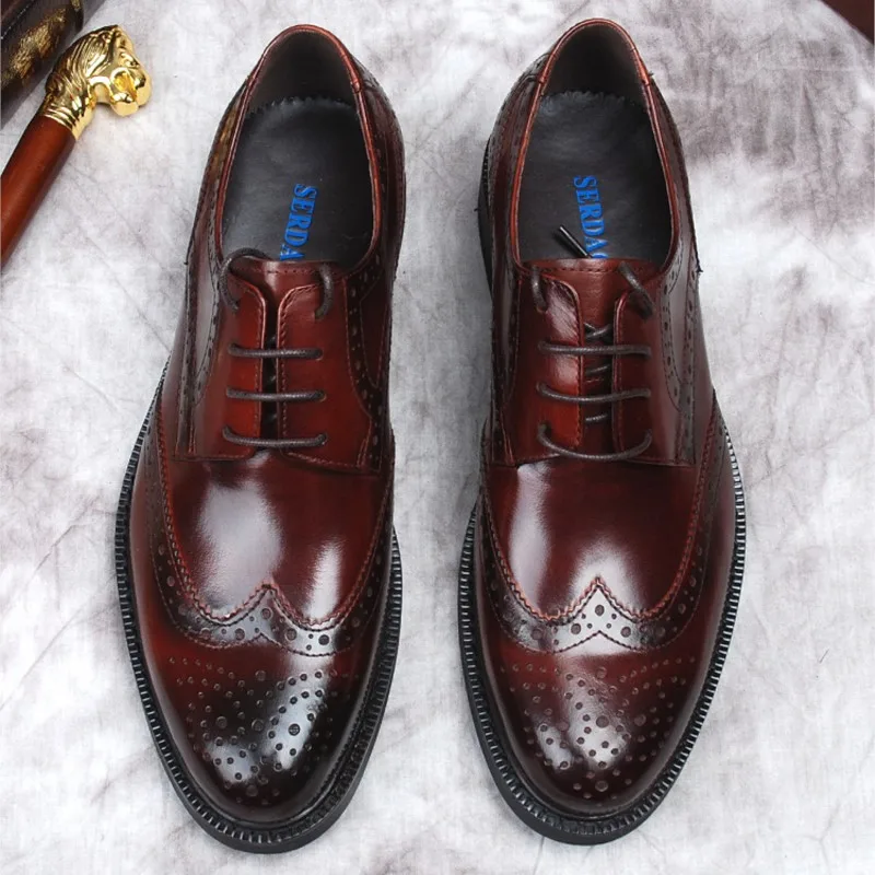 

Burgundy Black Genuine Leather Men Brogue Shoes Elegant Stylish Designer Shoes For Mens Lace-up New British Casual Leather Shoes