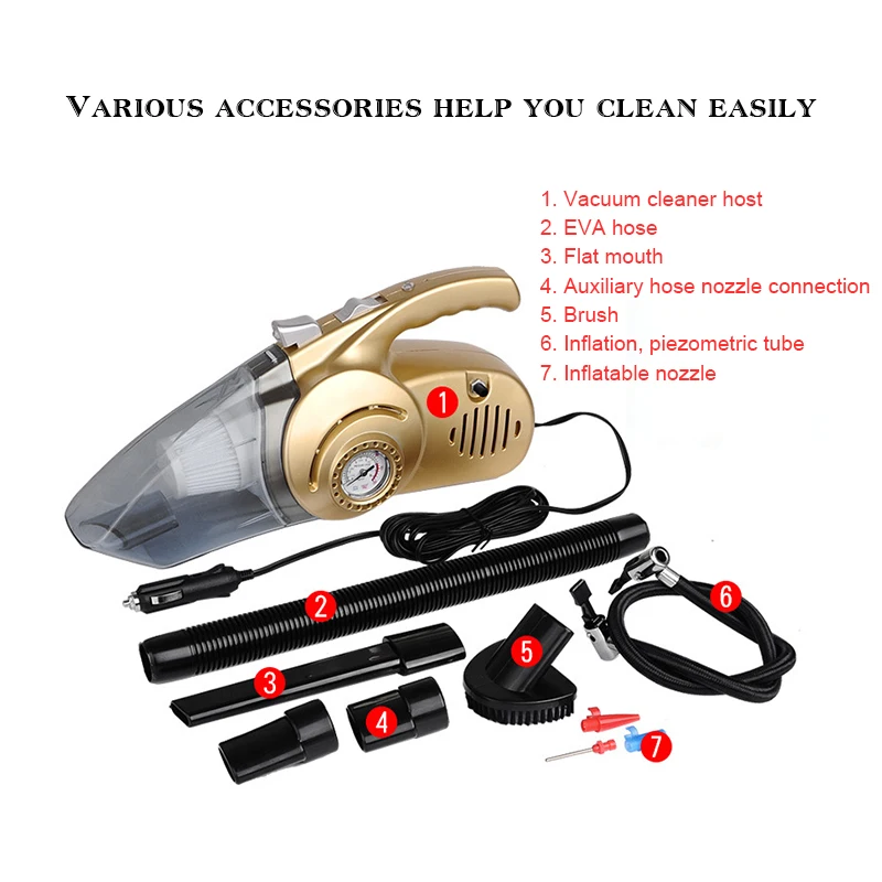 

Portable Car Handheld Multi-Function 4-in-1 Car Vacuum Electric Air Pump Tire Inflator LED Light 12V Vacuum Cleaner For Car
