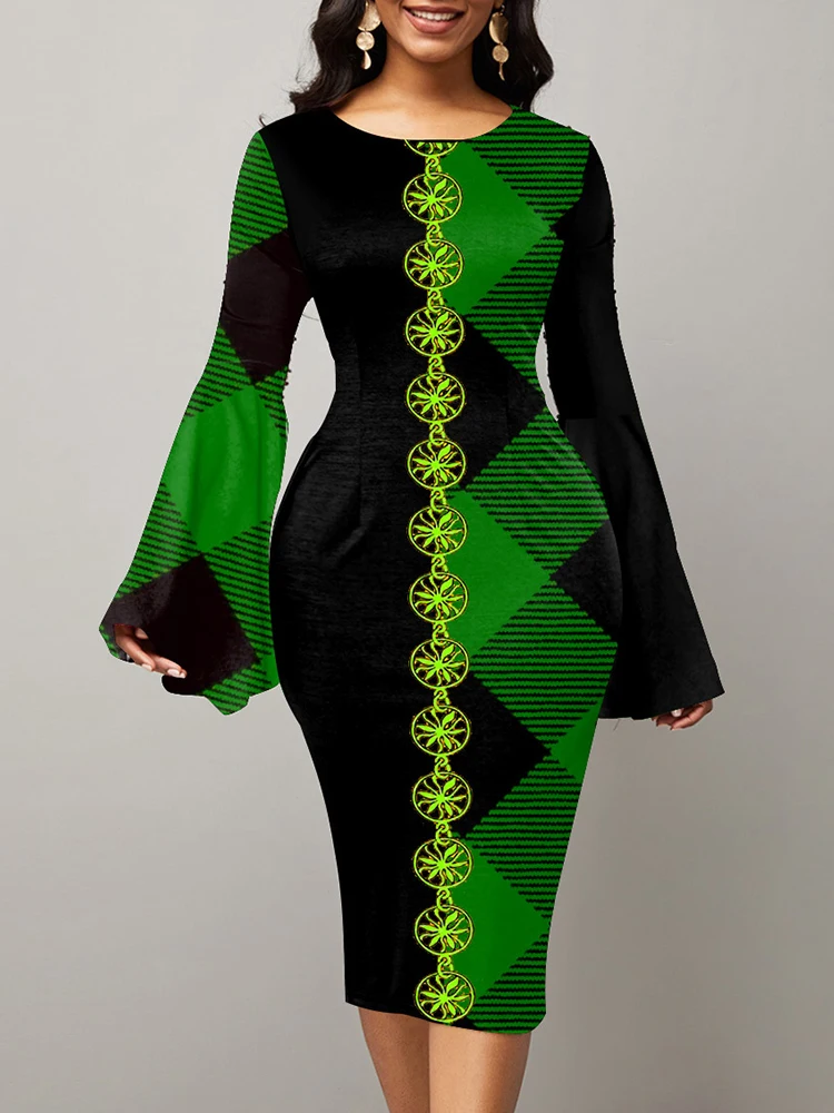 

Весенний летний Повседневный пуловер элегантное праздничное платье с геометрическим принтом и расклешенными рукавами средней длины с круглым вырезом и длинными рукавами