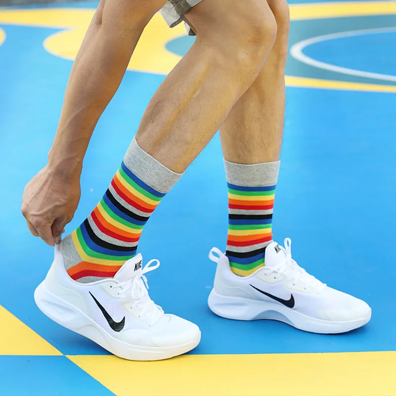 2021 New Style Fashion Long Women and Men Cotton Socks Gay Lesbian Rainbow Larger Size Stripe Socks for Men Size 41-48