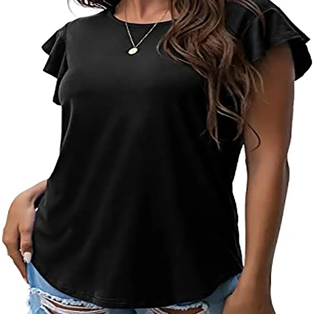 

Casual Summer T-Shirts for Women Ruffle Sleeve Womens Tops Round Neck Tunic Blouses