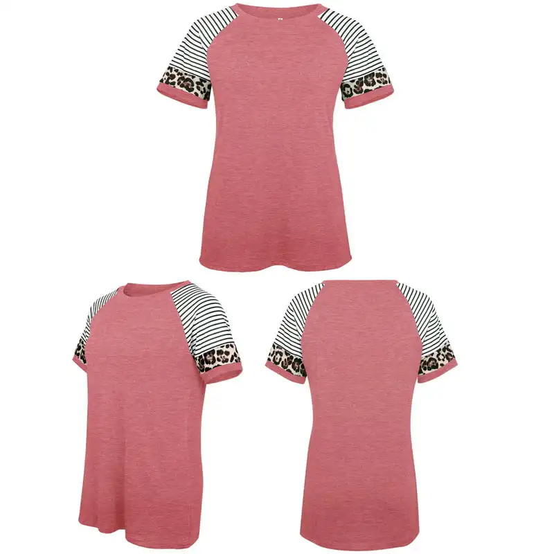 

Pretty Fashionable Pink Color Block Leopard Print Casual Short Sleeve Tunics Tops for Women's Wardrobe Update.