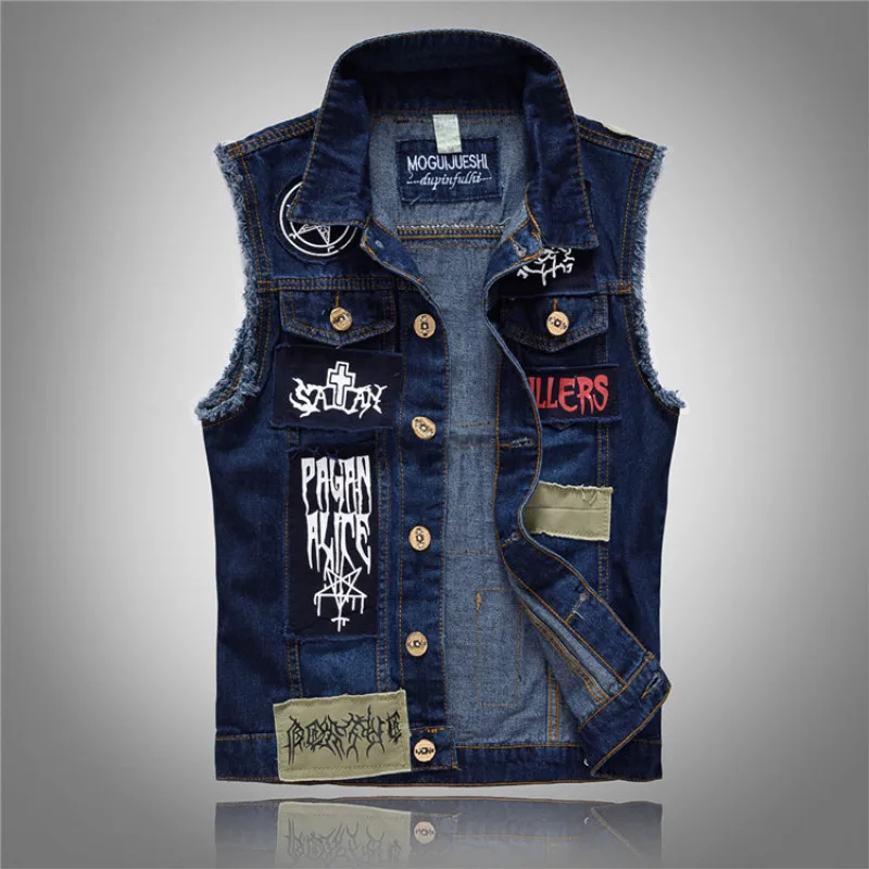 

Blue Men's Patches Design Jeans Vest Letters Printed Ripped Denim Waistcoat Slim Fit Fringe Frayed Motorcycle Vest Jacket 5XL