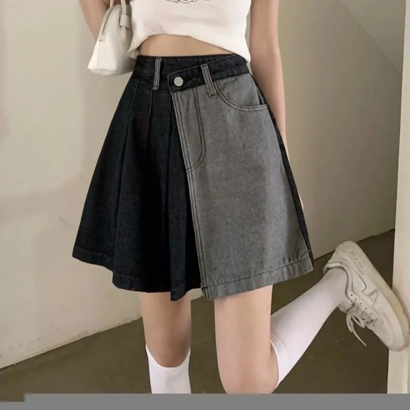 

Summer Designer Denim Skirt Women Korean High Waist Patchwork Party Mini Skirt Female Casual Harajuku A-Line Pleated Skirt 2023