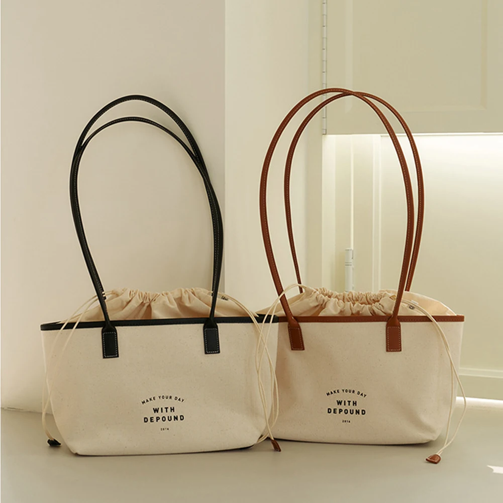 

Korean Simple Women Handbag Canvas Tote Ladies Drawstring Letter Shopping Bag Purse for Women Traveling Shopping