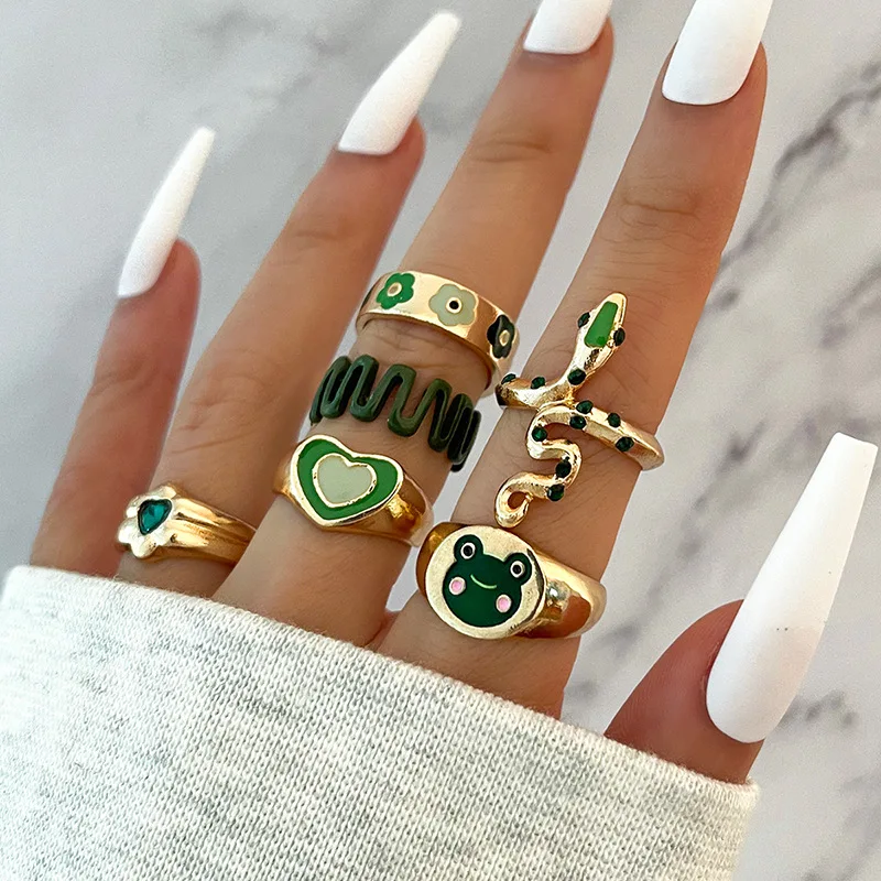 

New Bohemia Green Enamel Joint Ring Set For Women Snake Shape Heart Flower Kunckle Ring Female Boho Jewelry