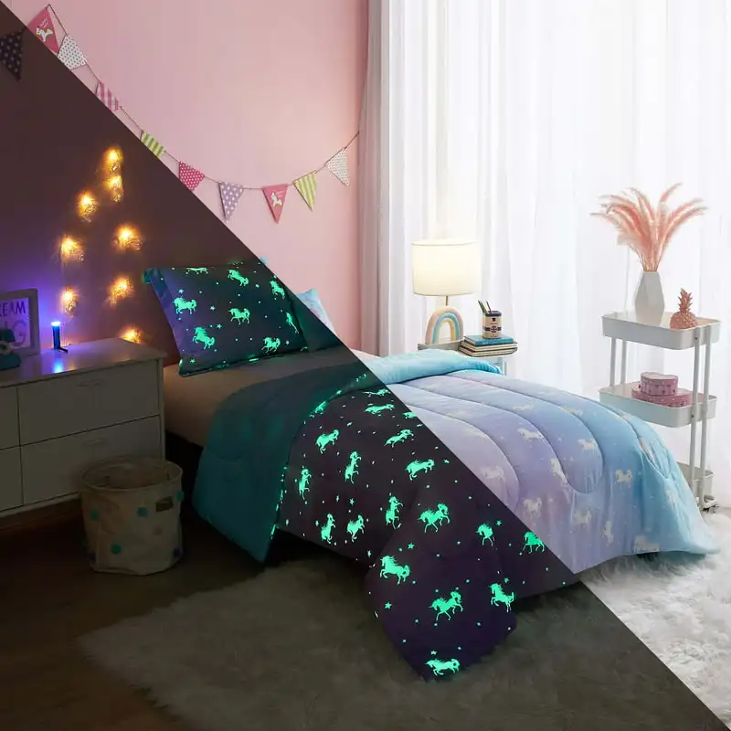 

Unicorn 5 Piece Glow In the Dark Comforter Set with Bonus String Light, Full