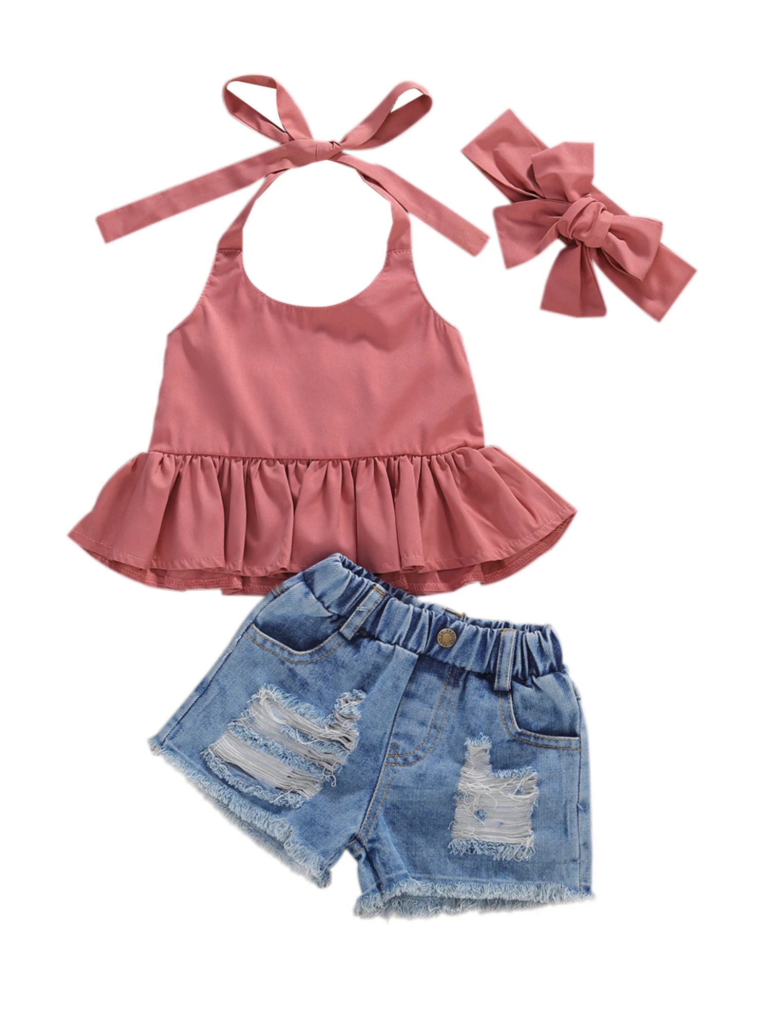 

1-6Y Kids Girls 2pcs Sleeveless Halter Blouse Tops+Denim Shorts Toddler Baby Clothing Summer Clothing