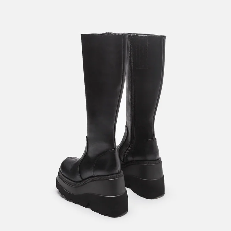 Women Leather Shoes Spring Winter High Platform Heels Elasticity Motorcycles Black Boots Goth Zip Women's Boots Knee High Botas