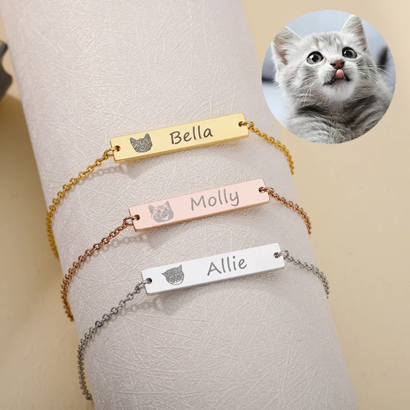 

Custom Animal Avatar Bracelets Stainless Steel Long Bar Engraved Custom Pet Name Bracelets For Women Photo Jewelry Friend Gifts