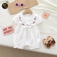summer baby girls bodysuit round collar short flare sleeves white jumpsuits red floral embroidery romper newborn infant clothes