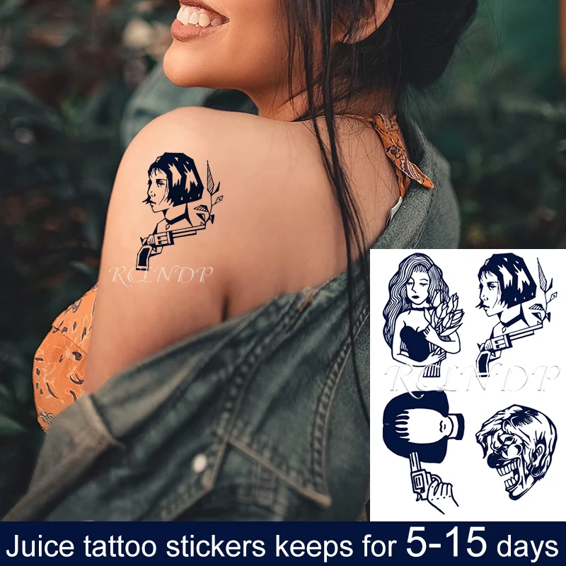 

Водостойкая Временная наклейка с соком чернил мультфильм сексуальный пистолет девушка клоун цветок фрукт гель долговечная татуировка для ...