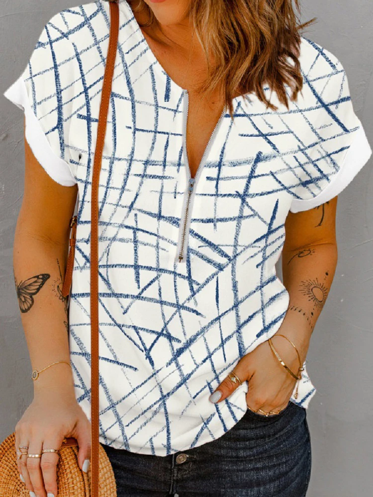 

Casual Beach Refreshing Loose Blouse 2022 Lady New Chic Office Shirt Vintage Print V-Neck Short Sleeve Summer Women Top Pullover