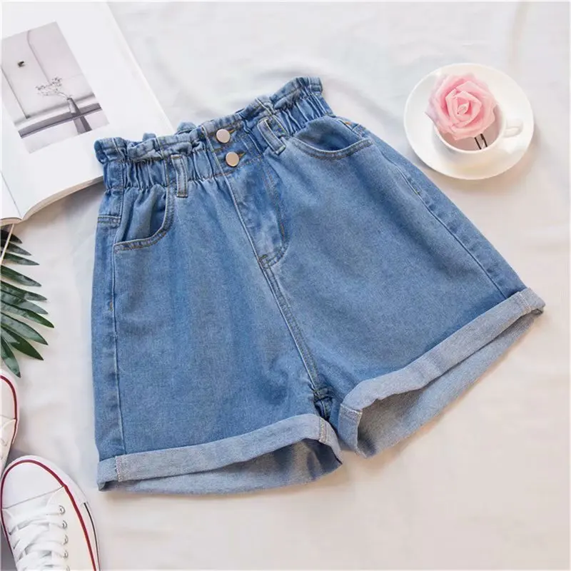 2023 Summer Black Women's Denim Shorts Pocket White Blue Harem Ruffle Elastic High Waisted Short Jeans for Women Plus Size 5XL