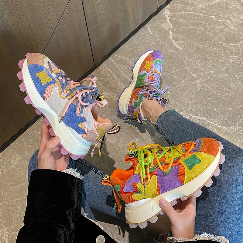 Women's Sports Shoes 2023 Round Head Designer Color Matching Lacing Platform Luxury Women's Running Shoes Vulcanized Shoes