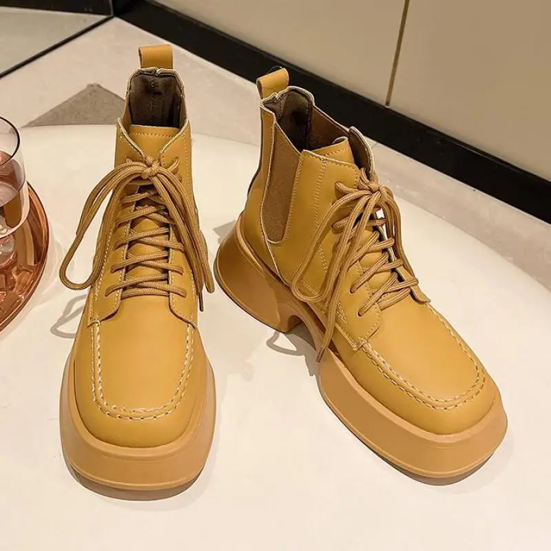 

Женские ботильоны на шнуровке, зимние ботинки из искусственной кожи на платформе, 2023