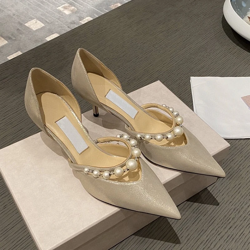 2023 New Hollow High Heels Women's Stiletto Pearl Pointed Wedding Shoes Sandals