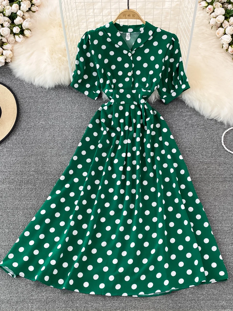 

Summer Women Polka Dot Midi Dress Fashion Vintage V-Neck Single Breasted Short Sleeve A-Line Female Elegant New Dresses 2022