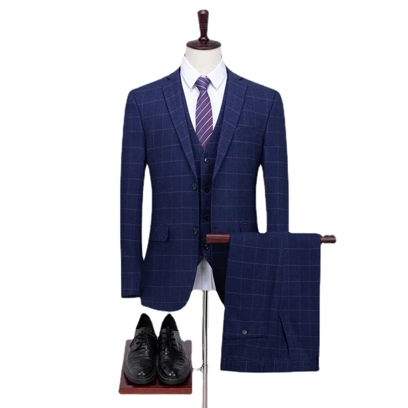 

( Jacket + Vest + Pans ) High-end Brand Formal Business Blue Plaid Men's Suit 3 Piece Sets Groom Wedding Dress Social Suit Male