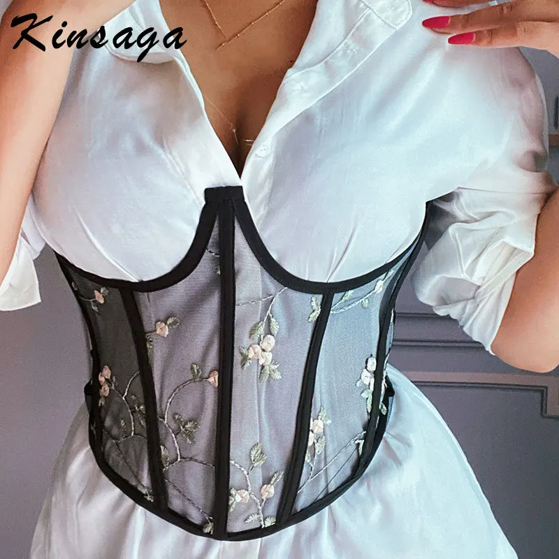 

Elegant Women Embroidered Corsets Bustiers Mesh Girdle Back Lace-up Waist Belt Fishbone Crown Corset Top Underbust Curve Shaper