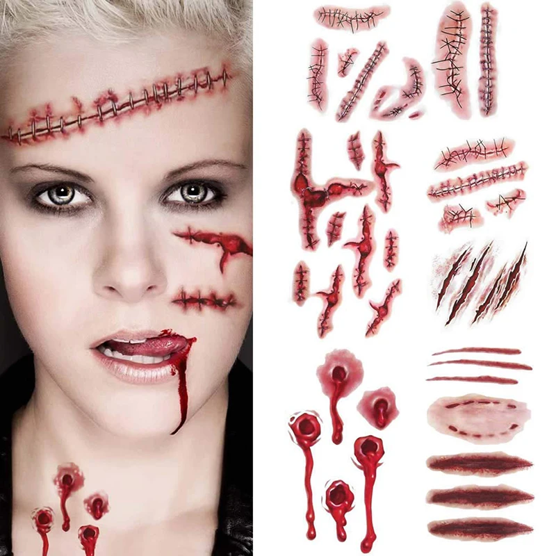 

10pcs Horror Bloody Tattoo Sticker Halloween Decorations Waterproof Temporary Wound Scar Tattoos DIY Party Decor Body Art Makeup