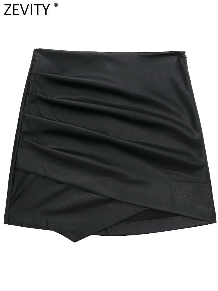 

Zevity Women Fashion Pleats Design PU Leather Asymmetrical Mini Skirt Faldas Mujer Female Chic Side Zipper Vestidos QUN2497