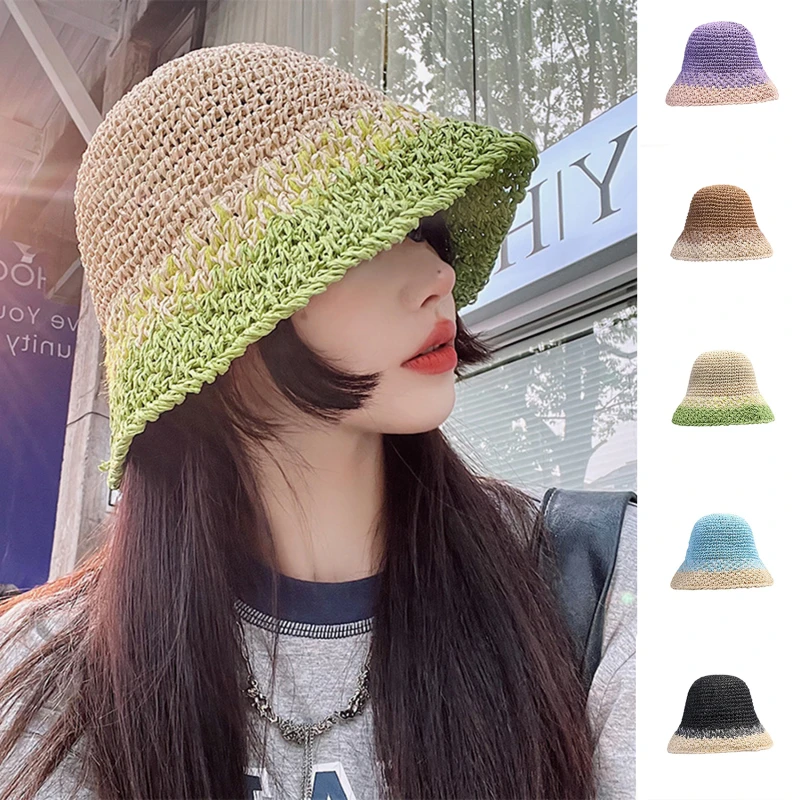 

Fashion Japan Korea Crochet Sun Hat Women Summer Hand Woven Straw Beach Hat Sunshade Fisherman Caps Breathable Bucket Hat