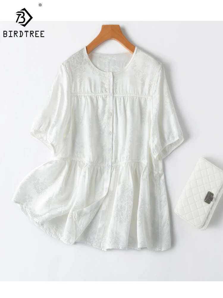 

Birdtree 20MM 100%Mulberry Silk Flower Jacquard Plain Crepe Satin, Round Neck Short Sleeves Loose Ruffled Doll Shirt T38533QD