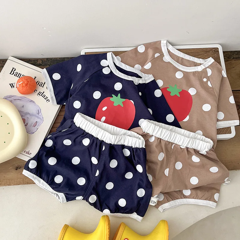 

Summer Outfits Boy Baby Casual Dot Short Sleeve Tshirt Set Girl Children Tomato Print Tops+Shorts 2pcs Kid Cotton Thin Tees Suit