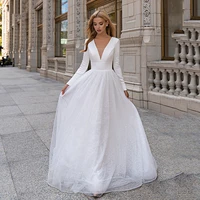 a line shiny glitter tulle wedding dress v neck long sleeve sweep train bridal gown vestido de novia custom made hochzeitskleid
