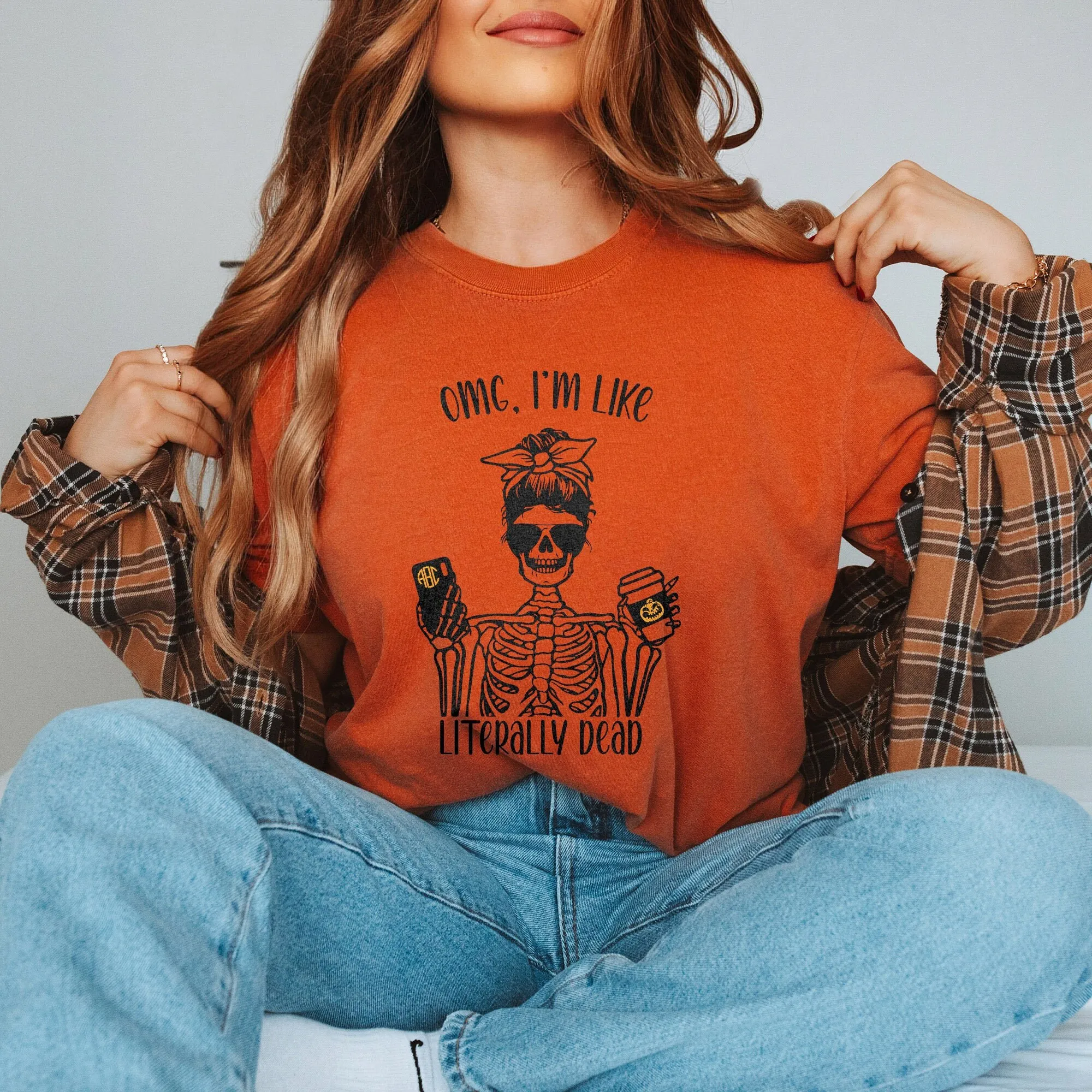 Футболка Omg I'M Like Literally Dead комфортные цвета скелет Хэллоуин осень