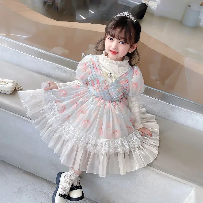 

Girls Sweater Dresses Spring Princess Party Birthday Kids Clothes Children Dresses for Girls Ball Gown 3-9Y